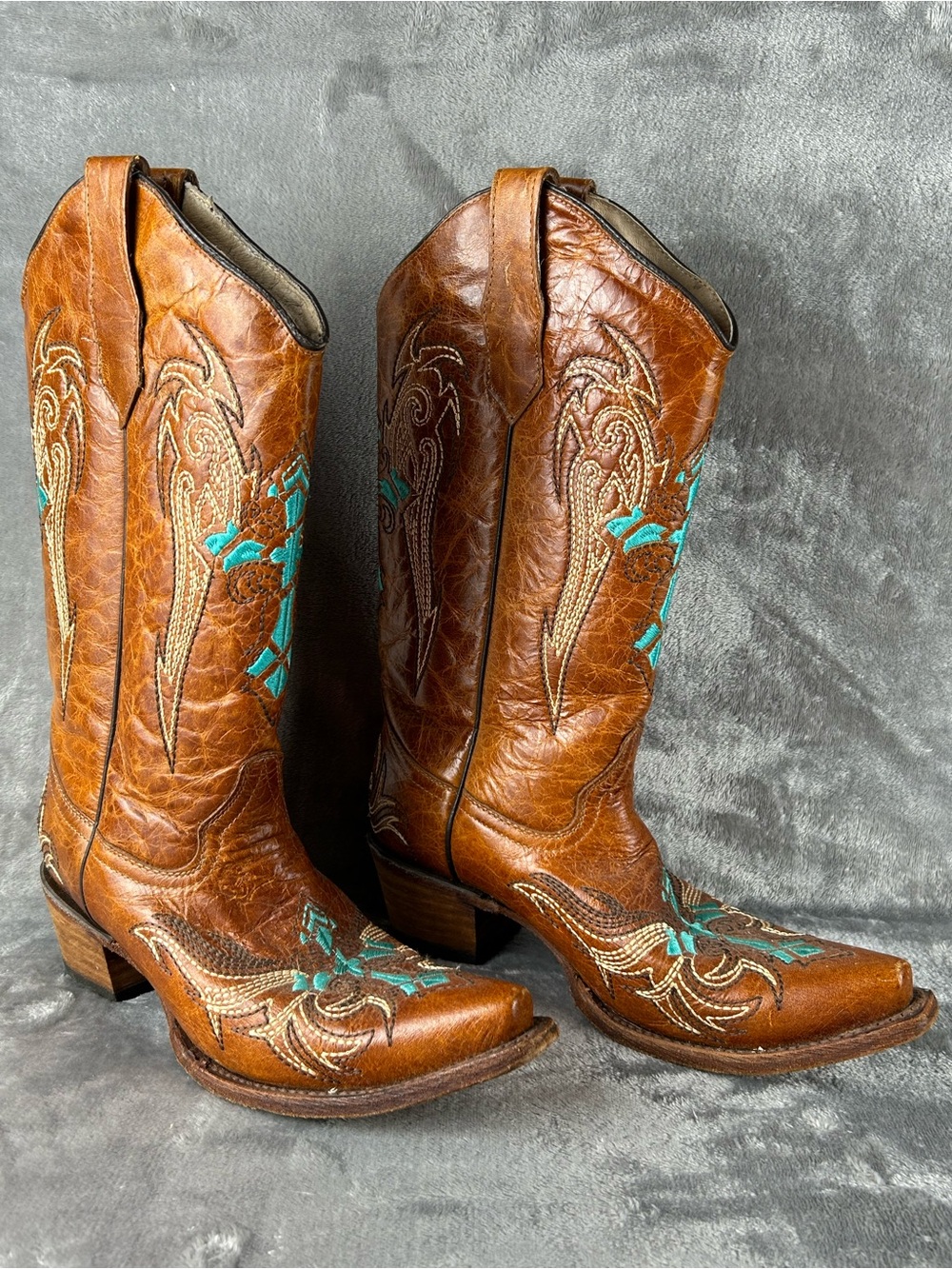 Circle G By Corral Boots Womens 9 Brown Leather Turquoise Cross Embroidery EUC